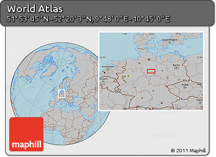 Gray Location Map of the Area around 52° 6' 54" N, 10° 16' 30" E, hill shading