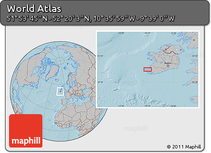 Gray Location Map of the Area around 52° 6' 54" N, 10° 7' 30" W, hill shading