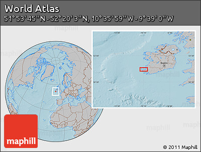 Gray Location Map of the Area around 52° 6' 54" N, 10° 7' 30" W, hill shading