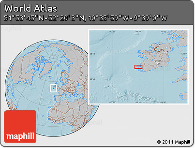 Gray Location Map of the Area around 52° 6' 54" N, 10° 7' 30" W, hill shading