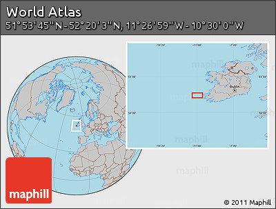 Gray Location Map of the Area around 52° 6' 54" N, 10° 58' 29" W