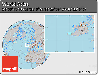 Gray Location Map of the Area around 52° 6' 54" N, 10° 58' 29" W