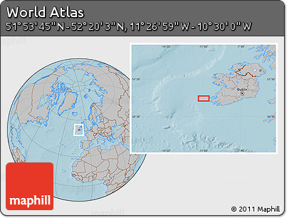 Gray Location Map of the Area around 52° 6' 54" N, 10° 58' 29" W, hill shading