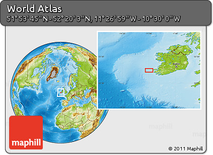 Physical Location Map of the Area around 52° 6' 54" N, 10° 58' 29" W