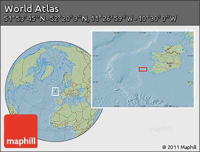 Savanna Style Location Map of the Area around 52° 6' 54" N, 10° 58' 29" W, hill shading