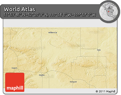 Physical 3D Map of the Area around 52° 6' 54" N, 110° 25' 30" W