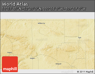 Physical 3D Map of the Area around 52° 6' 54" N, 110° 25' 30" W