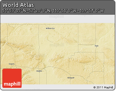 Physical 3D Map of the Area around 52° 6' 54" N, 110° 25' 30" W