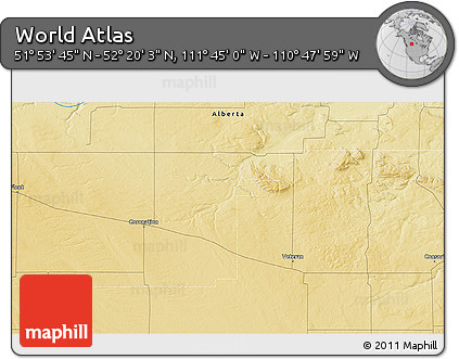 Physical 3D Map of the Area around 52° 6' 54" N, 111° 16' 30" W