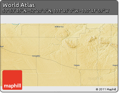 Physical 3D Map of the Area around 52° 6' 54" N, 111° 16' 30" W