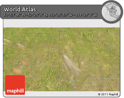 Satellite 3D Map of the Area around 52° 6' 54" N, 112° 7' 30" W