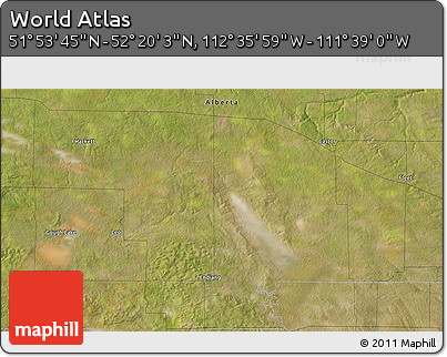 Satellite 3D Map of the Area around 52° 6' 54" N, 112° 7' 30" W