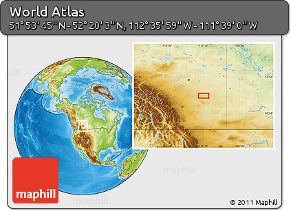 Physical Location Map of the Area around 52° 6' 54" N, 112° 7' 30" W