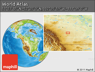 Physical Location Map of the Area around 52° 6' 54" N, 112° 7' 30" W