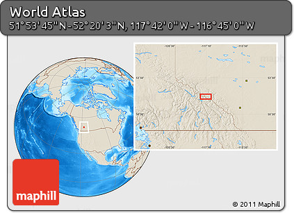 Shaded Relief Location Map of the Area around 52° 6' 54" N, 117° 13' 29" W