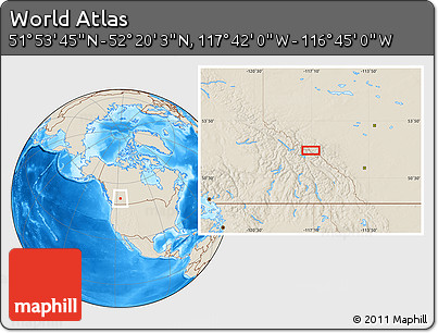 Shaded Relief Location Map of the Area around 52° 6' 54" N, 117° 13' 29" W