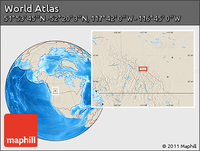 Shaded Relief Location Map of the Area around 52° 6' 54" N, 117° 13' 29" W