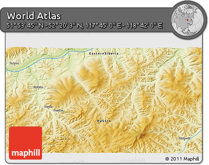 Physical 3D Map of the Area around 52° 6' 54" N, 118° 13' 29" E