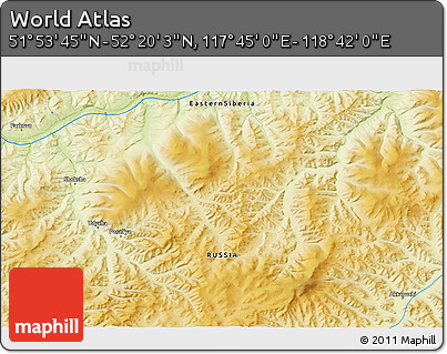 Physical 3D Map of the Area around 52° 6' 54" N, 118° 13' 29" E
