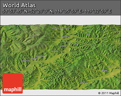 Satellite 3D Map of the Area around 52° 6' 54" N, 119° 4' 29" E