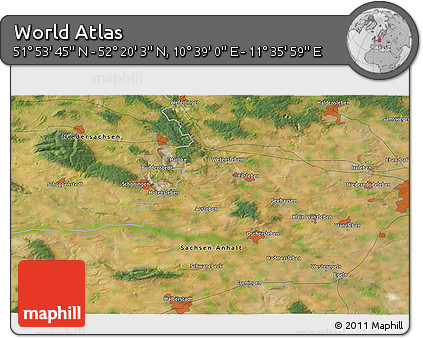 Satellite 3D Map of the Area around 52° 6' 54" N, 11° 7' 30" E