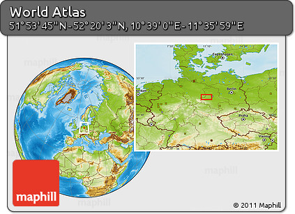Physical Location Map of the Area around 52° 6' 54" N, 11° 7' 30" E