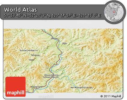 Physical 3D Map of the Area around 52° 6' 54" N, 120° 46' 30" E