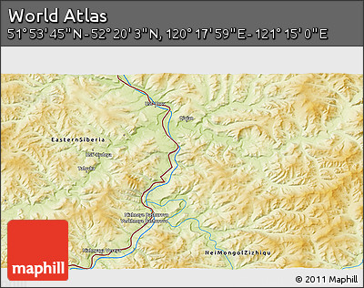 Physical 3D Map of the Area around 52° 6' 54" N, 120° 46' 30" E