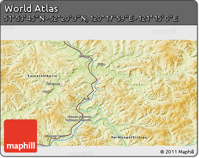 Physical 3D Map of the Area around 52° 6' 54" N, 120° 46' 30" E