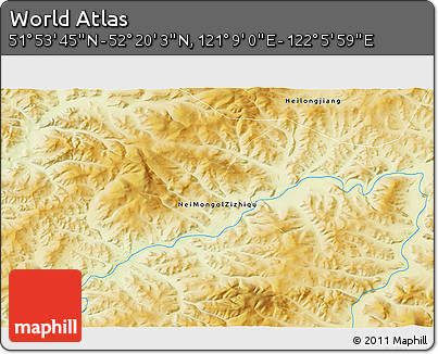 Physical 3D Map of the Area around 52° 6' 54" N, 121° 37' 30" E