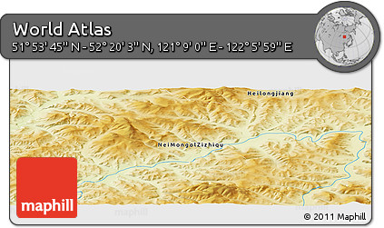 Physical Panoramic Map of the Area around 52° 6' 54" N, 121° 37' 30" E
