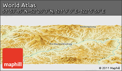 Physical Panoramic Map of the Area around 52° 6' 54" N, 121° 37' 30" E