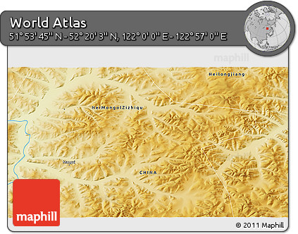 Physical 3D Map of the Area around 52° 6' 54" N, 122° 28' 29" E
