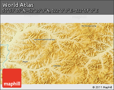 Physical 3D Map of the Area around 52° 6' 54" N, 122° 28' 29" E
