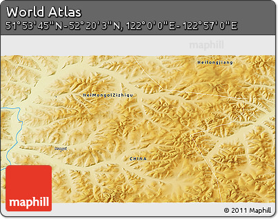 Physical 3D Map of the Area around 52° 6' 54" N, 122° 28' 29" E