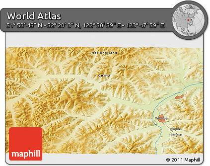 Physical 3D Map of the Area around 52° 6' 54" N, 123° 19' 29" E