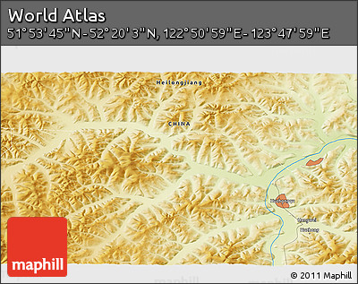 Physical 3D Map of the Area around 52° 6' 54" N, 123° 19' 29" E