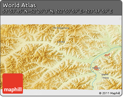 Physical 3D Map of the Area around 52° 6' 54" N, 123° 19' 29" E