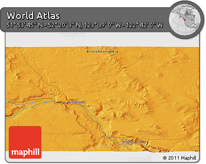 Political 3D Map of the Area around 52° 6' 54" N, 123° 10' 30" W
