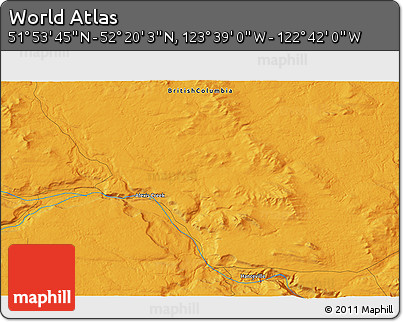 Political 3D Map of the Area around 52° 6' 54" N, 123° 10' 30" W