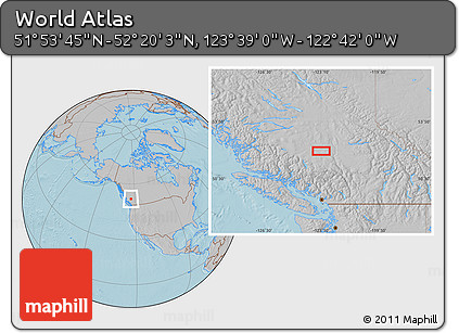 Gray Location Map of the Area around 52° 6' 54" N, 123° 10' 30" W, hill shading