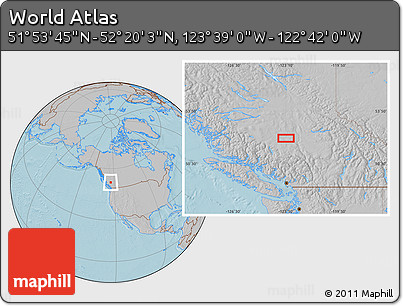 Gray Location Map of the Area around 52° 6' 54" N, 123° 10' 30" W, hill shading
