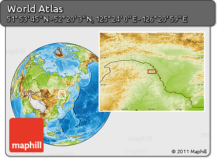 Physical Location Map of the Area around 52° 6' 54" N, 125° 52' 30" E
