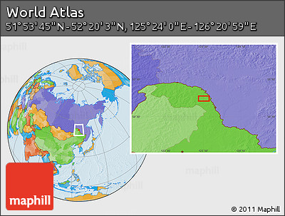 Political Location Map of the Area around 52° 6' 54" N, 125° 52' 30" E
