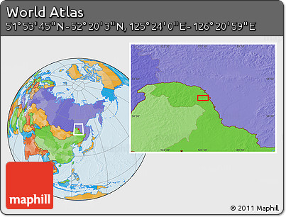 Political Location Map of the Area around 52° 6' 54" N, 125° 52' 30" E