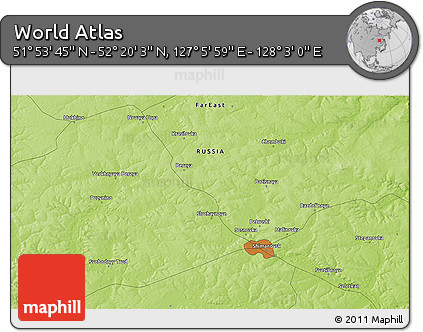 Physical 3D Map of the Area around 52° 6' 54" N, 127° 34' 30" E
