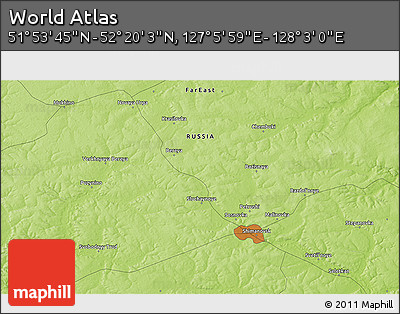 Physical 3D Map of the Area around 52° 6' 54" N, 127° 34' 30" E
