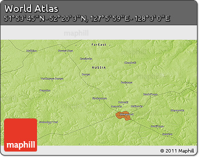 Physical 3D Map of the Area around 52° 6' 54" N, 127° 34' 30" E