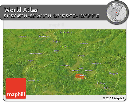 Satellite 3D Map of the Area around 52° 6' 54" N, 127° 34' 30" E