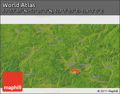 Satellite 3D Map of the Area around 52° 6' 54" N, 127° 34' 30" E